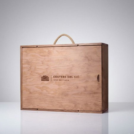 Caja de madera con asa para 4 botellas de vino con tapa deslizante